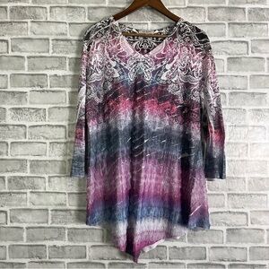 Jess and Jane Hot Pink Raspberry Pink Purple Paisley Print VNeck Artsy Blouse XL